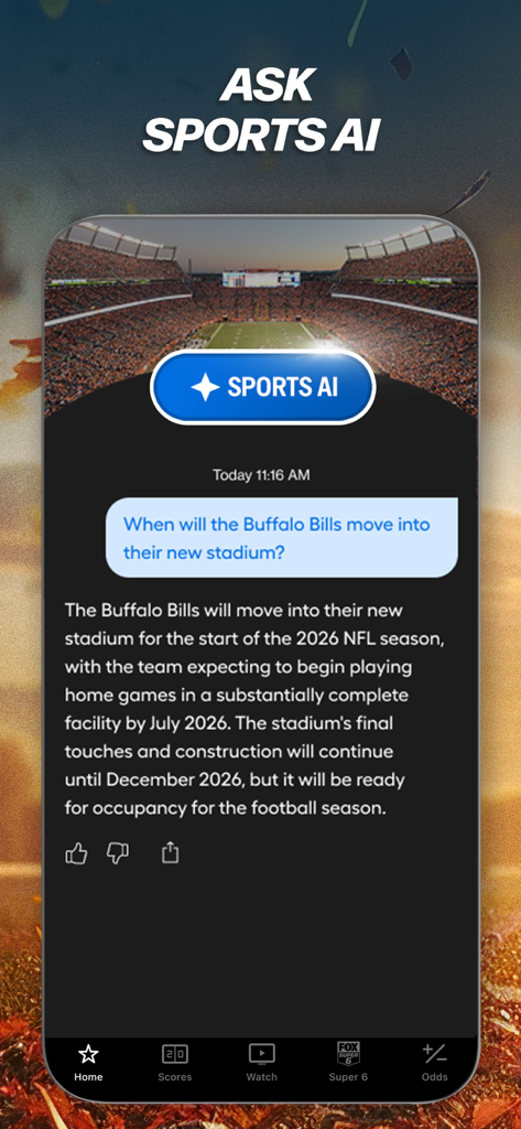 Interface de l'application FOX Sports présentant le chatbot Sports AI répondant à une question sur le stade des Buffalo Bills