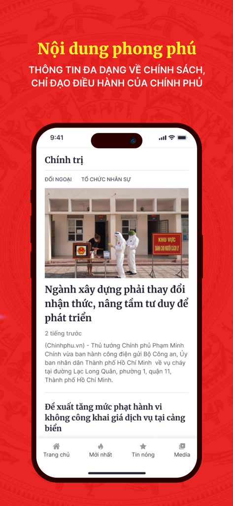 Báo ĐT Chính Phủ - Official Vietnamese Government news app showing political news articles on a mobile interface
