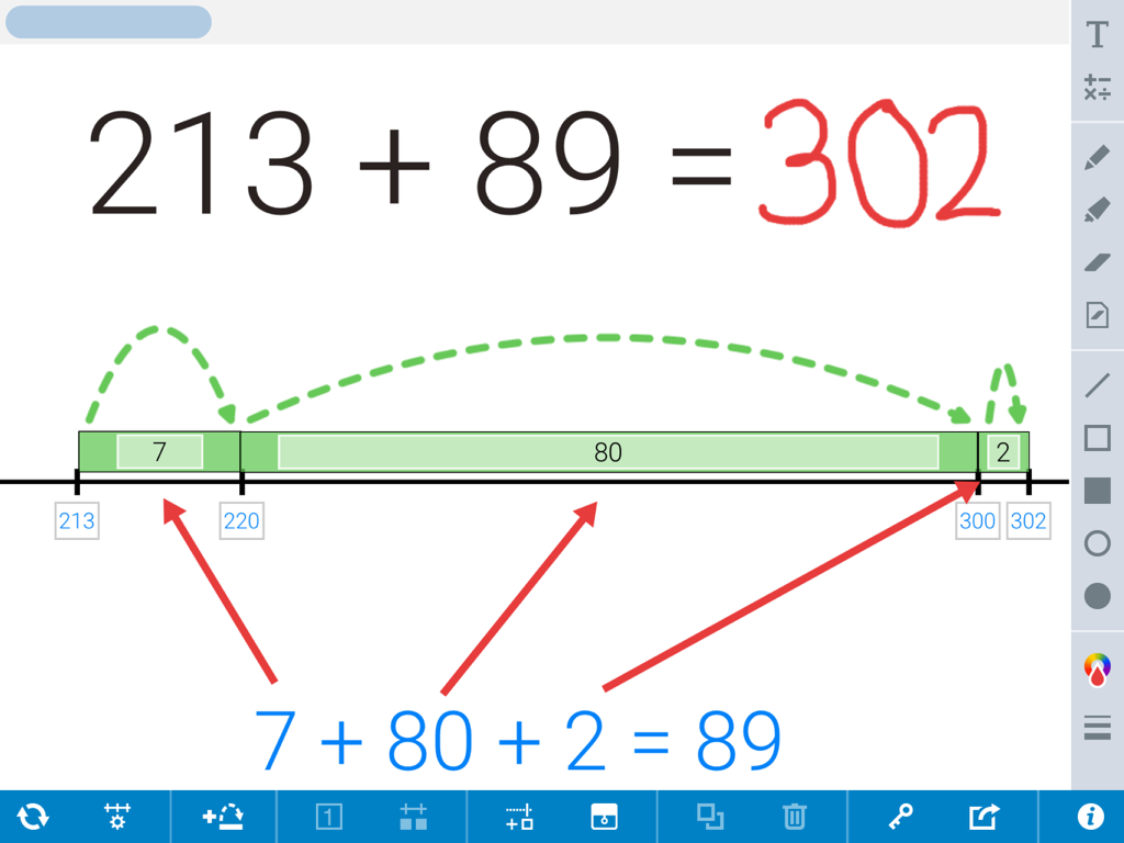 An addition problem solved using green jumps on a digital number line