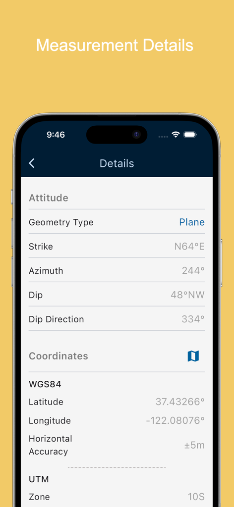 Geology Clinometer: GeoCompass - Screenshot of the Geology Clinometer app displaying detailed measurement data including strike, dip, azimuth, and GPS coordinates in WGS84 and UTM formats.