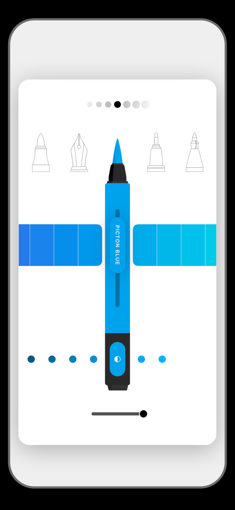 Flow: Note Taking, Drawing Pad - A minimalist user interface in the Flow app showing a blue marker customization screen with various pen nib icons and color options.