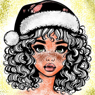 realistic girl with a santa hat curly hair and lips