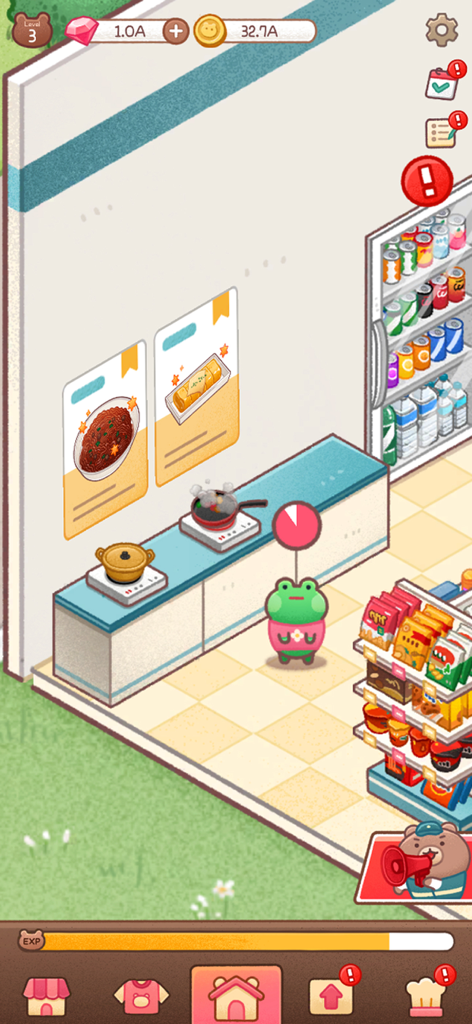 Gameplay screen of Gomdol CEO showing a cute frog character in a convenience store with a cooking station