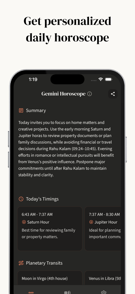 Om.AI – AI Astrology & Kundli - Om.AI app screen showing a personalized daily Gemini horoscope and planetary timings.