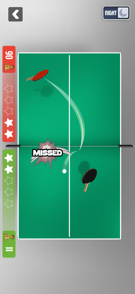 Ping Pong : Table Tennis Games - Draufsicht auf ein Tischtennisspiel im mobilen Ping-Pong-Spiel, das eine verpasste Schlaganimation und Anzeigetafel zeigt