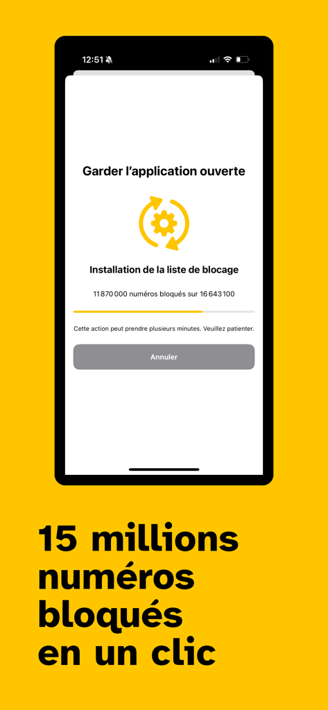 Saracroche : bloqueur d'appels - Saracroche app screen showing the installation of a spam call block list
