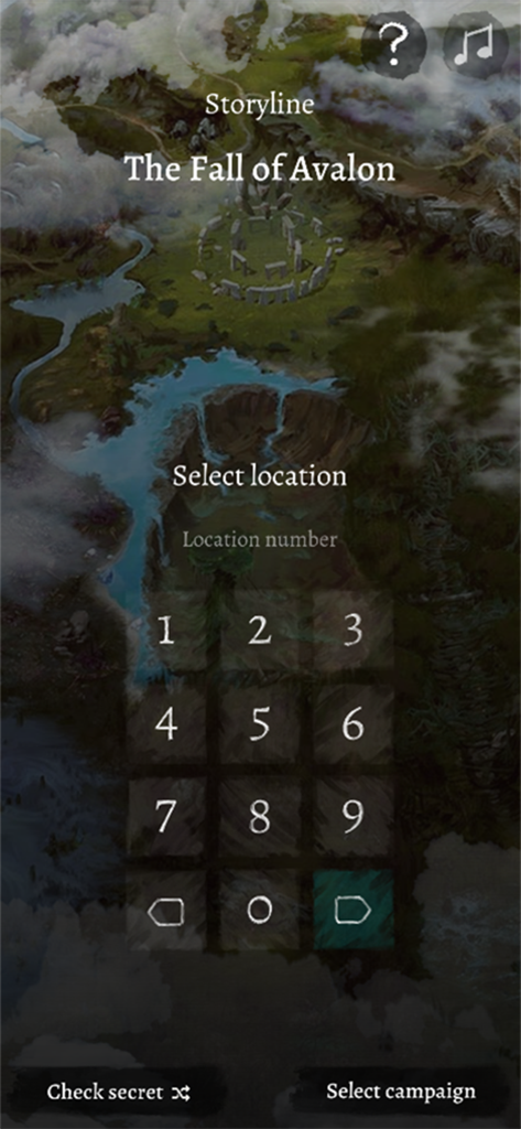 Tainted Grail Companion - Tainted Grail Companion app screen for selecting locations with a numeric keypad and map background