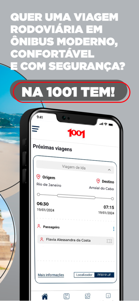 Autoviação-1001 - Interface do aplicativo móvel Autoviacao 1001 mostrando uma passagem de viagem de ônibus do Rio de Janeiro para Arraial do Cabo