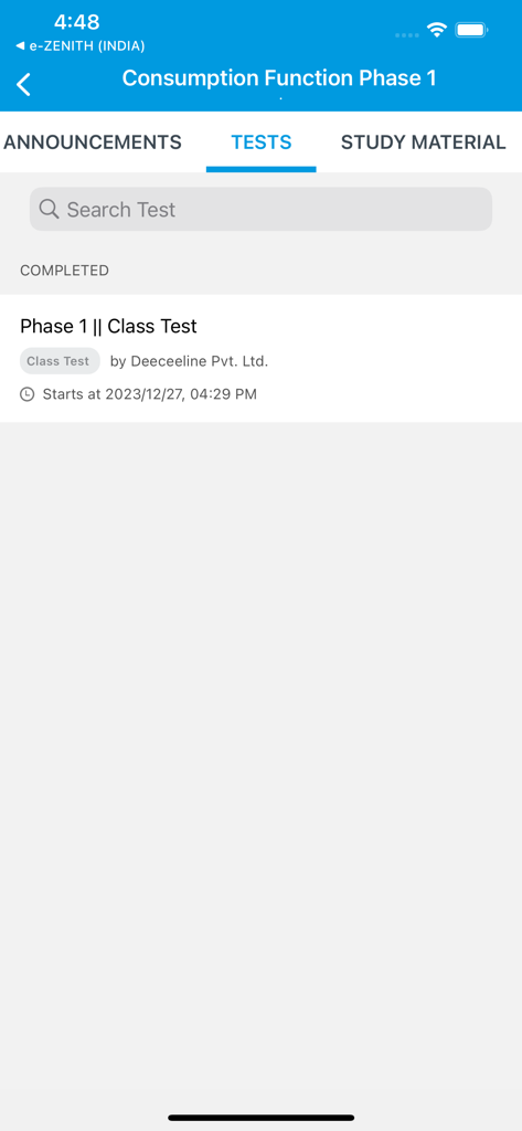 Deeceeline - Interface of the Deeceeline app showing the tests tab with a completed class test for CBSE commerce students