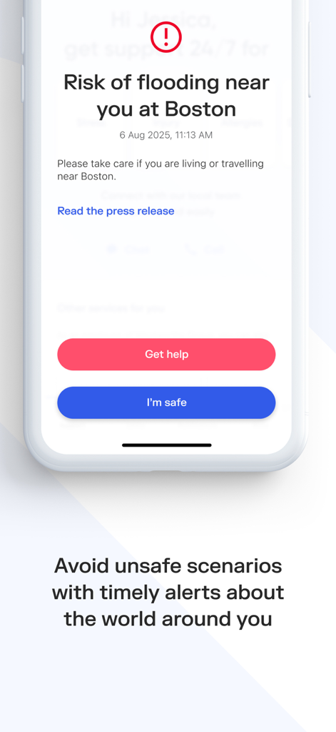 Sonder app safety alert for a flood warning in Boston with get help and im safe buttons