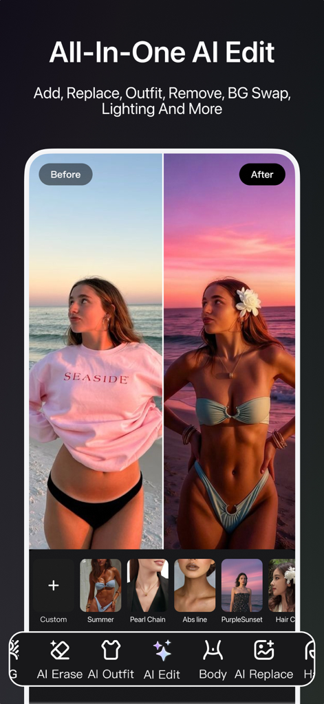 Before and after comparison of a beach photo with AI outfit swap and lighting enhancement