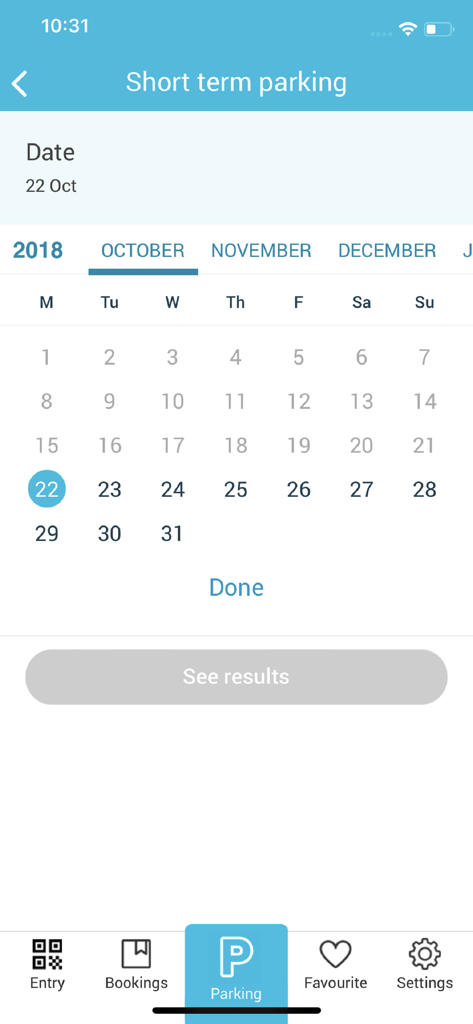 Divvy - Divvy app short term parking screen displaying a calendar for selecting a booking date.