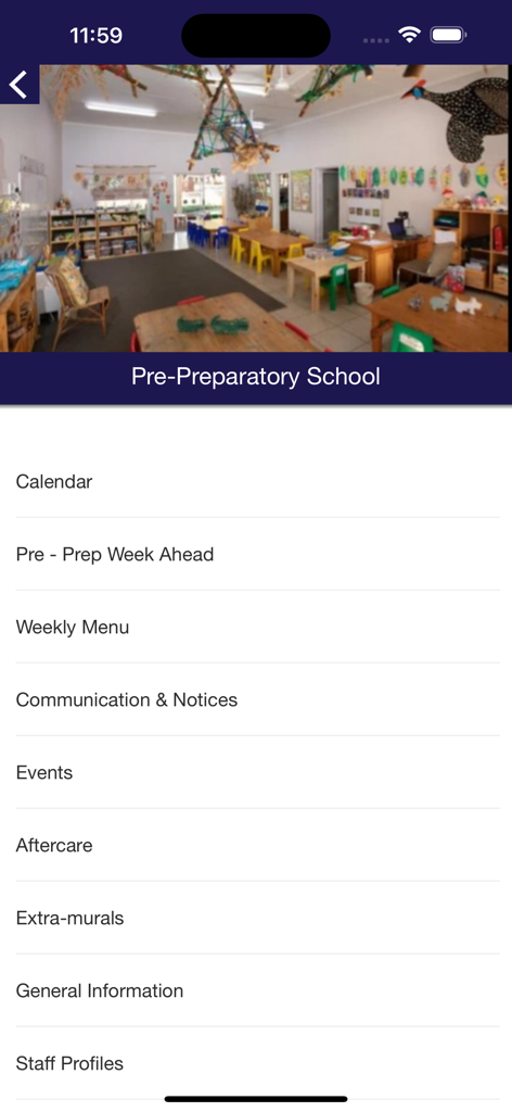 Uplands - Uplands school app interface showing the Pre-Preparatory School dashboard with menu items like calendar, weekly menu and staff profiles