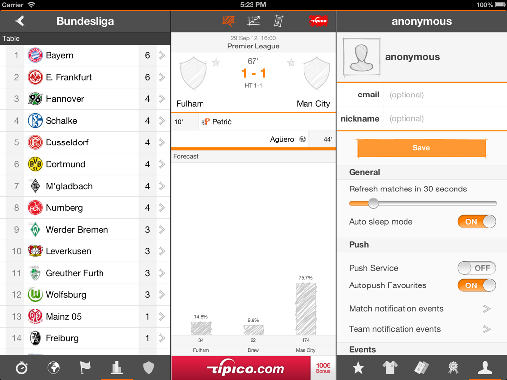 Futbol24 HD - Tableau de bord Futbol24 HD sur iPad avec le classement de la Bundesliga, les scores en direct et les paramètres de notification