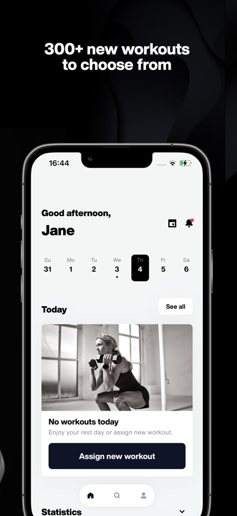 A mobile app interface for CGX fitness showing a weekly workout calendar and access to over 300 workouts.