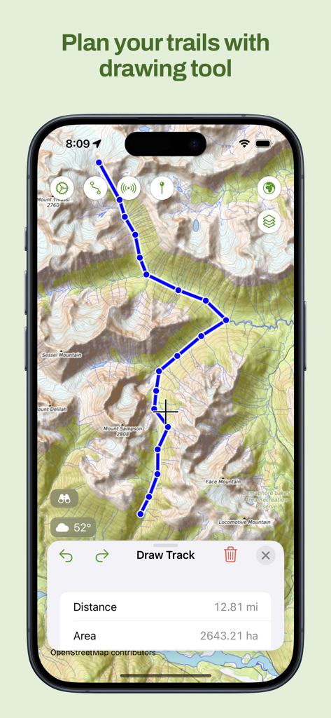 Maptrails - iPhone screen showing the Maptrails app topographic map with a custom hiking path drawn using the track planning tool.