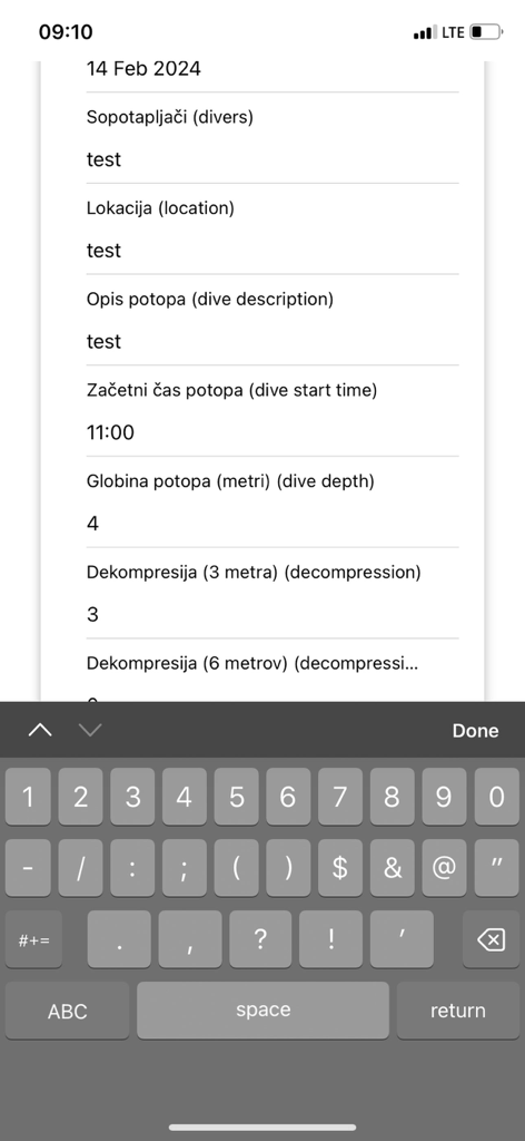 SPZ App - Mobile screen of the SPZ App showing a dive log entry form with fields for location depth and decompression times