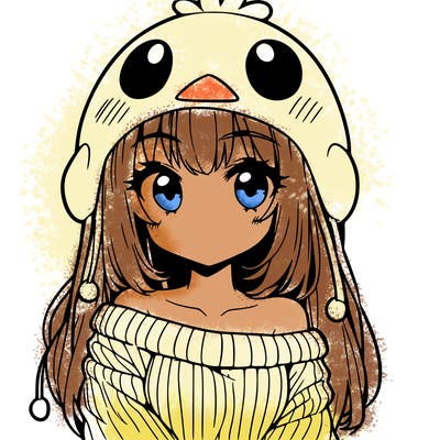 anime girl with chick shaped hat with sweater with bare shoulders with bangs covering them one eye with low tail