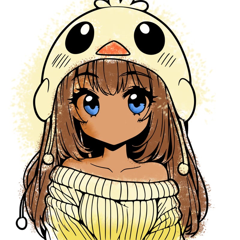 anime girl with chick shaped hat with sweater with bare shoulders with bangs covering them one eye with low tail