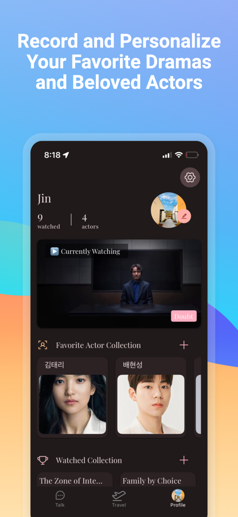 KDora - A mobile app interface for KDora showing a user profile with watched Korean dramas and favorite actor collections