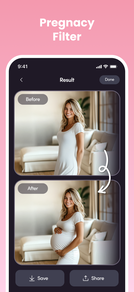 NubX: Gender Reveal& Baby Scan - Screenshot of the NubX app displaying a before and after comparison of a woman using an AI pregnancy filter to show a baby bump.