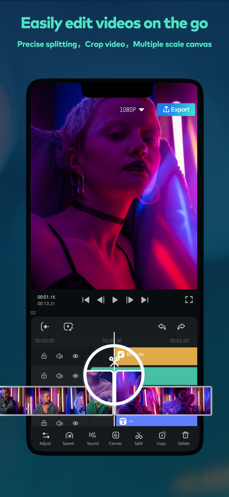 Interface de l'éditeur vidéo Filmora HD montrant des outils de découpage précis et une timeline multipiste sur mobile