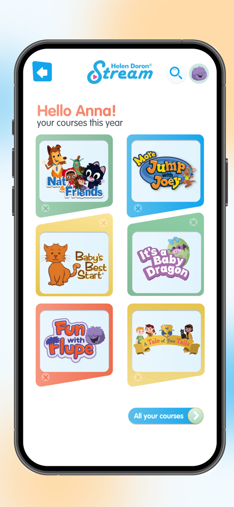 Panel de la aplicación Helen Doron Stream 2.0 que muestra varios cursos educativos de inglés para niños como Jump with Joey y Fun with Flupe