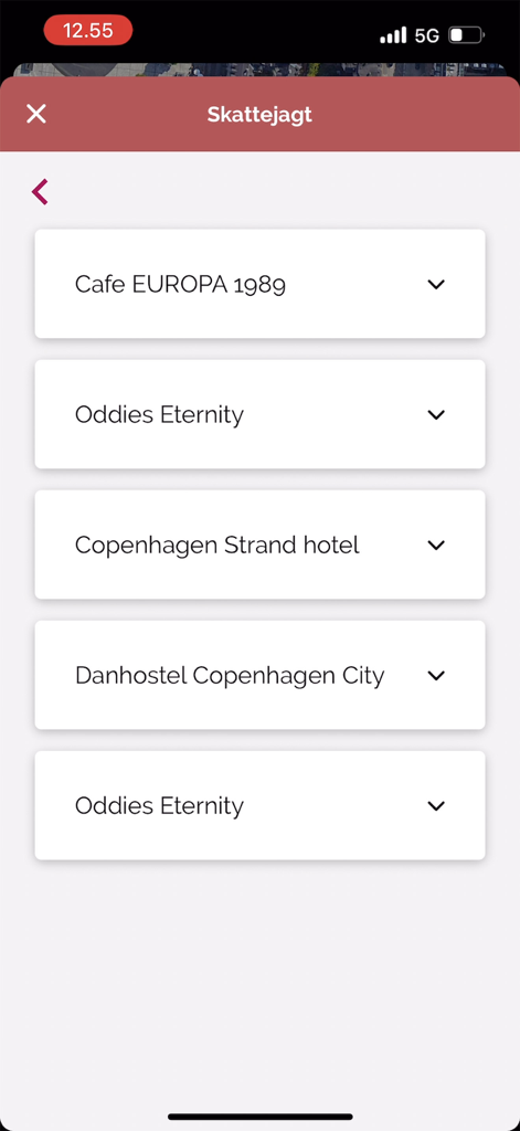 Tela do aplicativo Festival de Luzes de Copenhague mostrando uma lista de locais participantes para a caça ao tesouro, incluindo cafés e hotéis