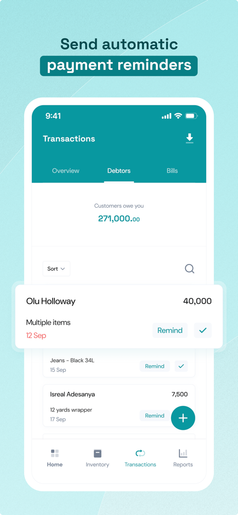 Cantant - Smarter Bookkeeping - Tela móvel do aplicativo Cantant mostrando uma lista de devedores com opções para enviar lembretes de pagamento automatizados