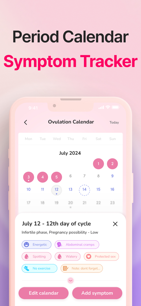 Period Tracker－Pregnancy・Femin - Interfaz de la aplicación Femin que muestra un calendario de ovulación y un registro de seguimiento de síntomas.