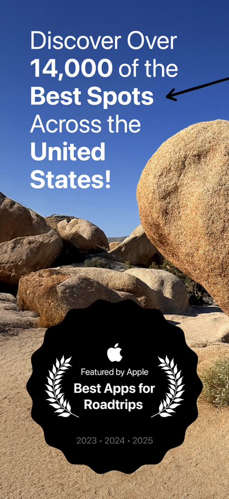 Application de road trip Fotospot présentant 14000 lieux photogéniques aux États-Unis et le badge d'award d'Apple.