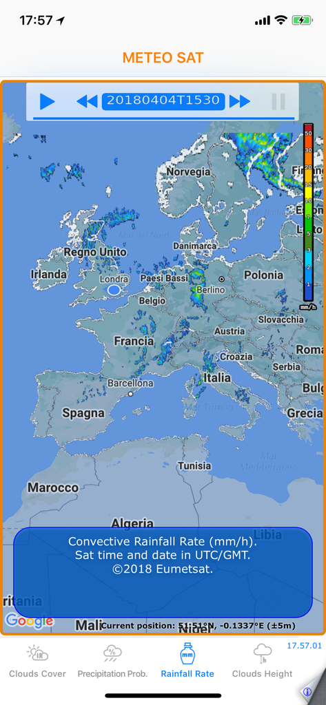 Meteo Sat - Meteo Sat app interface displaying convective rainfall rate on a map of Europe