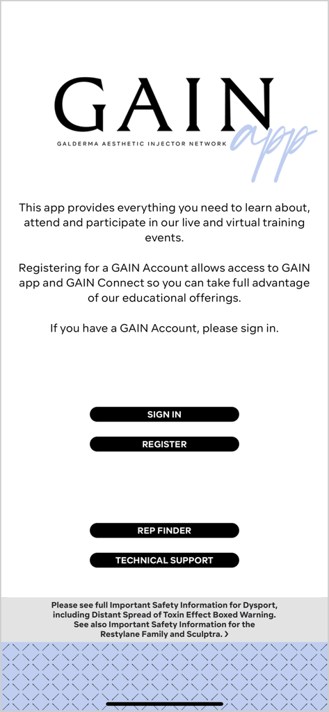 Galderma GAIN app - Tela inicial do aplicativo Galderma GAIN mostrando opções de login e registro para profissionais médicos estéticos