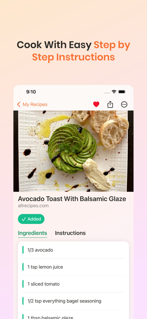 RecipeBox - Save Your Recipes! - RecipeBox app displaying avocado toast recipe and ingredients list