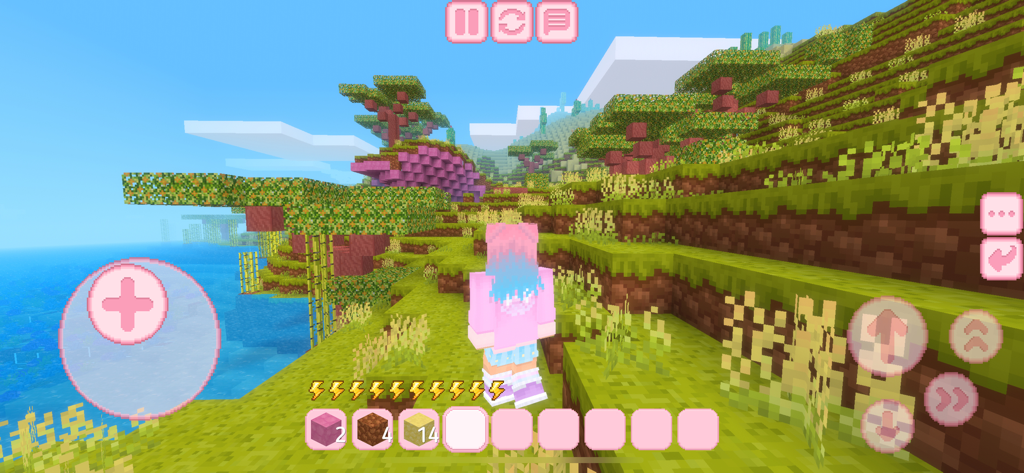 A character with pink and blue hair exploring a colorful block world with pink trees in Kawaii Craft