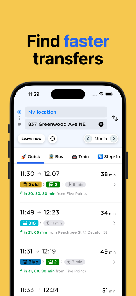 Manchester Bus & Tram - Écran de smartphone montrant diverses options d'itinéraires et les temps de trajet dans l'application Manchester Bus and Tram