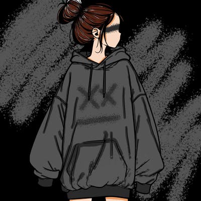 realistic girl with a oversized sweatshirt on and a bun