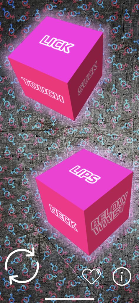 Ein Screenshot der Sex Dice App, der zwei pinke 3D-Würfel mit Vorspielvorschlägen wie lecken und Lippen auf strukturiertem Hintergrund zeigt.