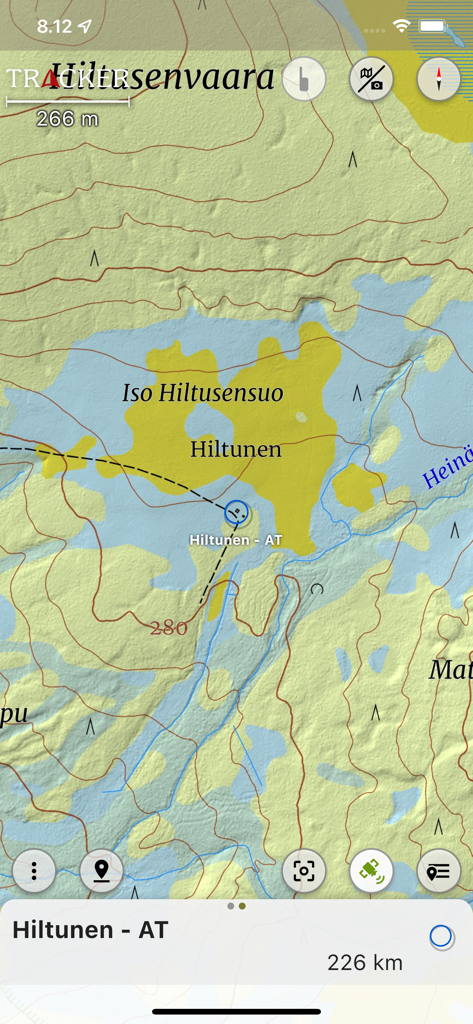 Tracker - for dogs and outdoor - Interfaccia dell'app Tracker che mostra una mappa topografica dettagliata con marcatori di posizione per escursionismo e caccia.