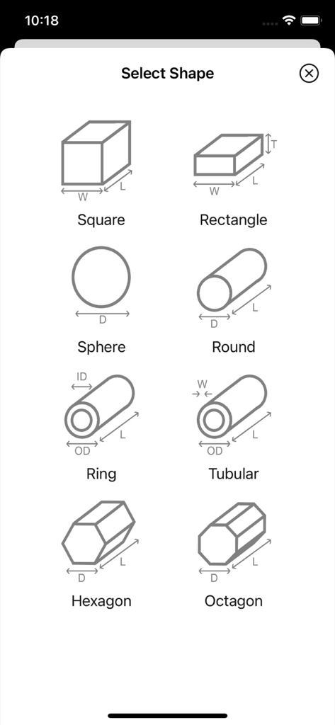 Menu de sélection de formes métalliques dans l'application présentant des profils carrés, rectangulaires, ronds et tubulaires avec des indicateurs de dimensions