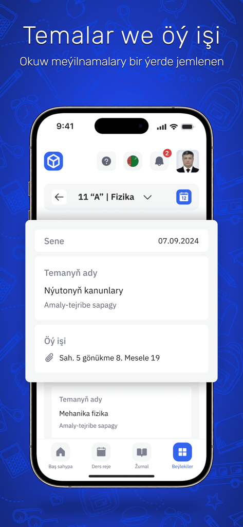 Eine mobile Oberfläche der eMekdep-App, die Unterrichtsthemen und Hausaufgaben für eine Physikklasse anzeigt.
