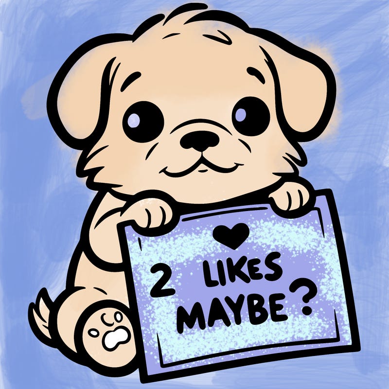 a puppy holding a sign that says 2 likes maybe?