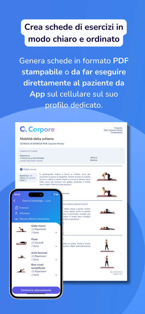 Planos de exercícios de fisioterapia digitais e imprimíveis exibidos em um smartphone e em papel