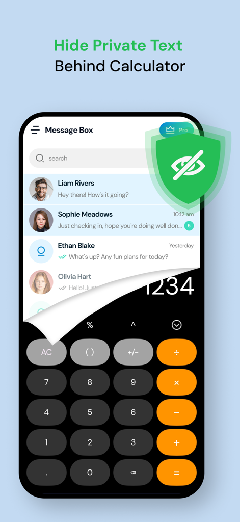Screenshot of the Private Message Box app showing private texts being hidden behind a calculator interface