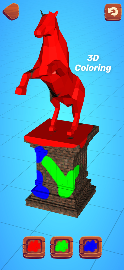 Una actividad de colorear en 3D que muestra una estatua de caballo roja siendo pintada con colores verde y azul sobre un pedestal de ladrillos