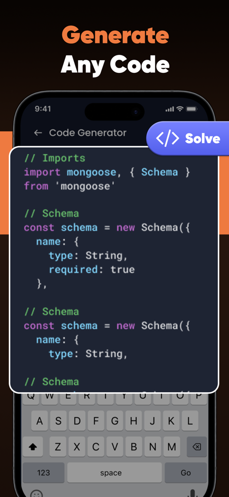 Code AI: Learn Programming - Interfaz de la aplicación Code AI mostrando un fragmento de código JavaScript generándose en un dispositivo móvil.