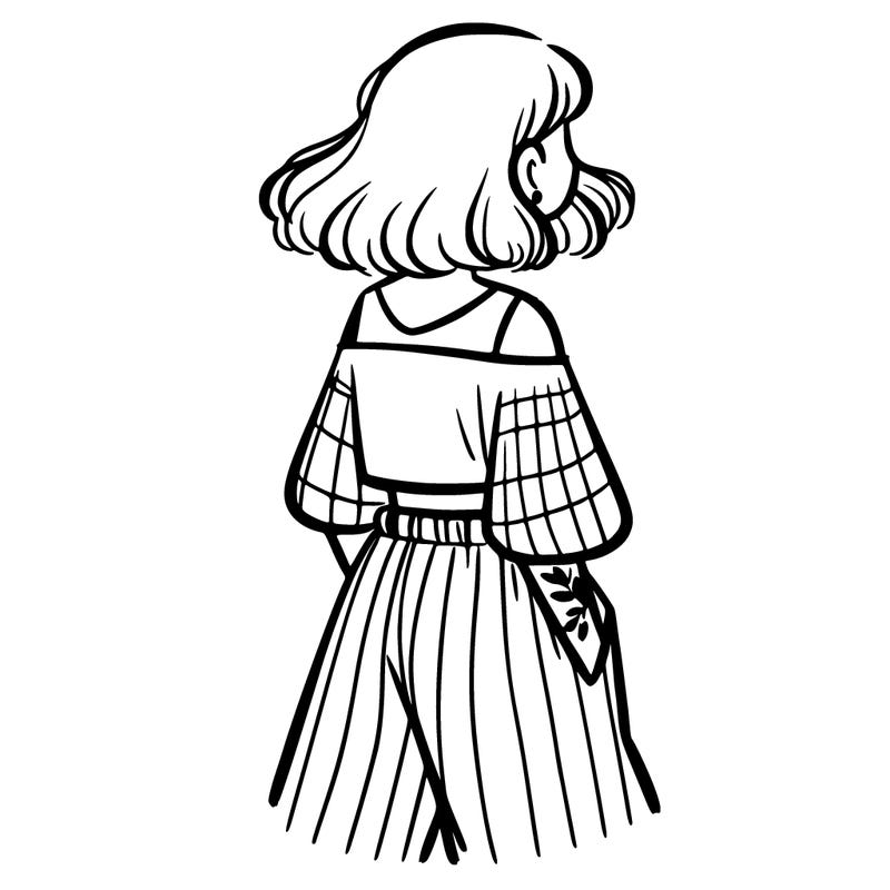 one girl in crop top and baggy pants facing away