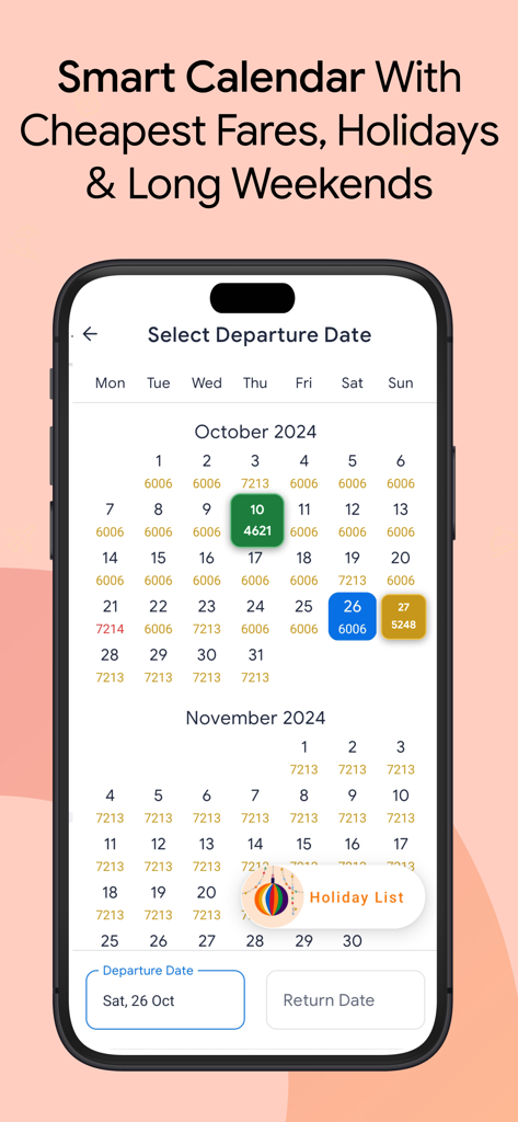 ixigo app smart calendar displaying cheapest flight fares holidays and long weekends for travel booking
