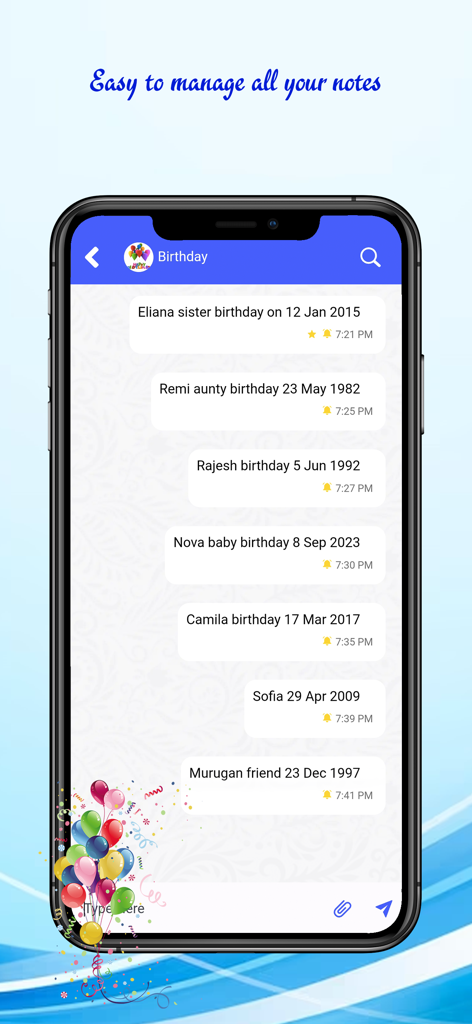 Open notes and reminder - Pantalla de aplicación móvil que muestra una interfaz de notas basada en chat con una lista de recordatorios de cumpleaños en burbujas de diálogo.