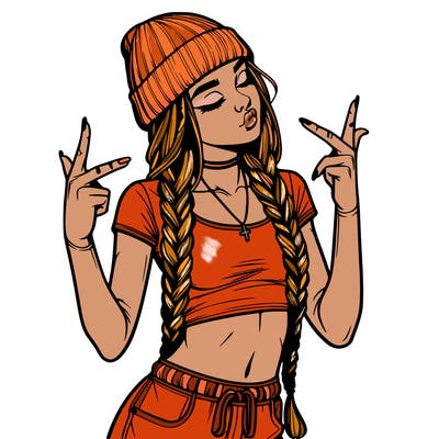 realistic teenage girl with braids and a beanie and crop top doing 🫶🏼